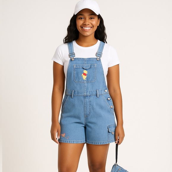 Vintage authentic Disney Winnie the Pooh  Women's Blue Denim Overall Shorts - Picture 1 of 6